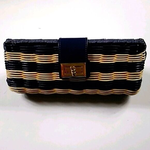 J CREW FACTORY HAVANA NAVY BLUE AND NATURAL WICKER STRAW CLUTCH EVENING BAG - Picture 14 of 16